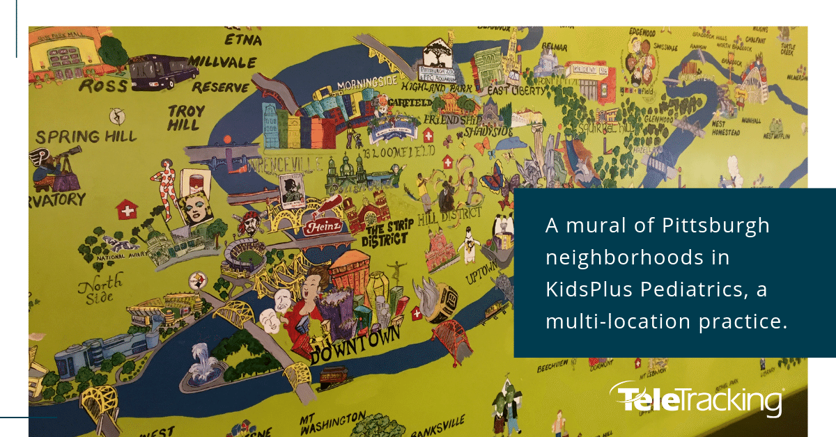 A mural of Pittsburgh neighborhoods in KidsPlus Pediatrics, a multi-location practice.